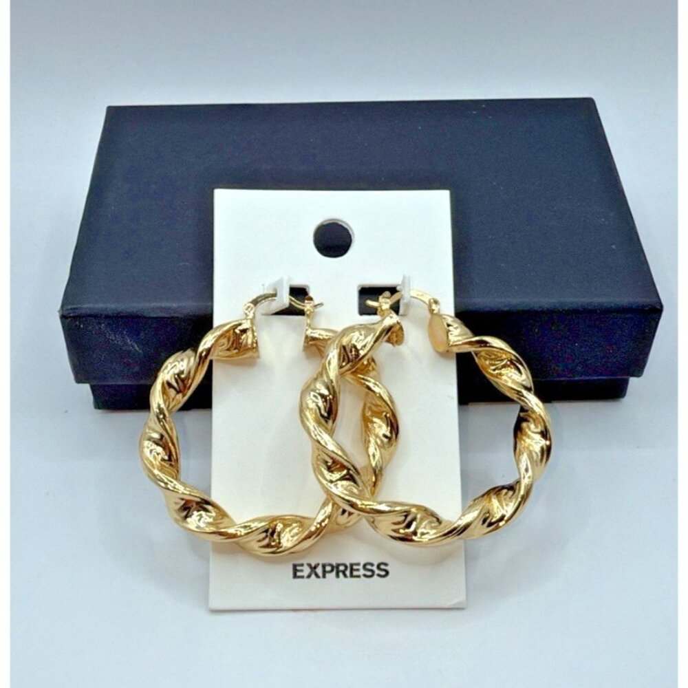 Express Twisted Gold Tone 2" Funky Flashy Hoop Loop Earrings Classy MSRP $24 - Picture 2 of 3